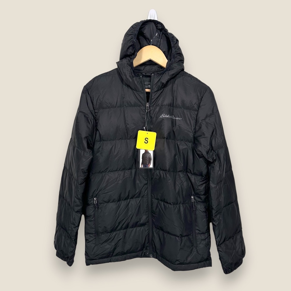 Eddie Bauer Wide Channel Hooded Down Jacket Men Small Black Full Zip Pockets